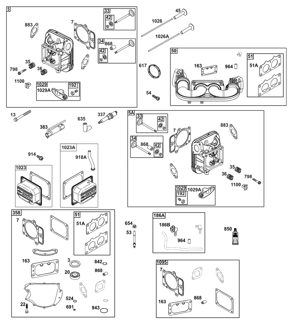 Cylinder Head Group Diagram and Parts List for 44S977-0031-B5 400000 - 699999 Briggs and Stratton Engine